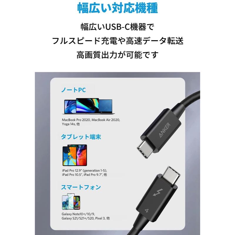 Anker USB-C & USB-C Thunderbolt 4 100W ケーブル 0.7m｜PD対応 USB-C
